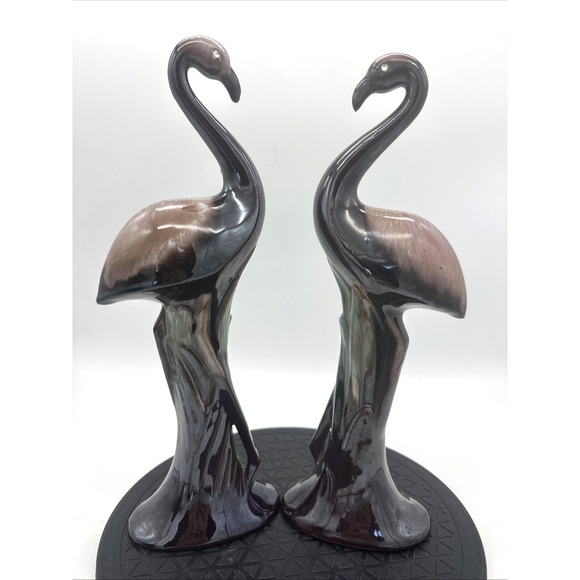 Pair Of Vintage MCM Redware Ceramic Flamingos Green Glaze - Picture 1 of 9